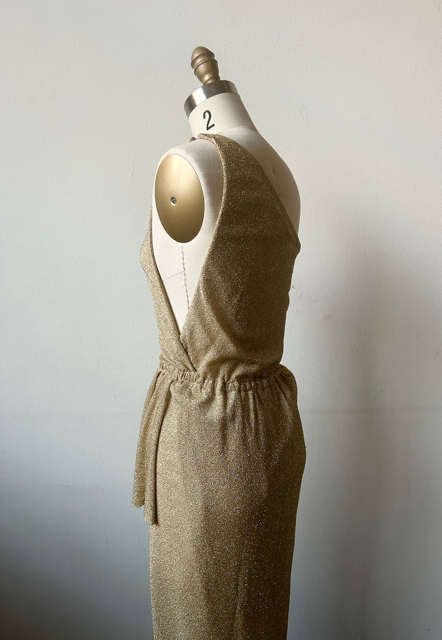 1979 halston couture gold lamé one shoulder grecian dress