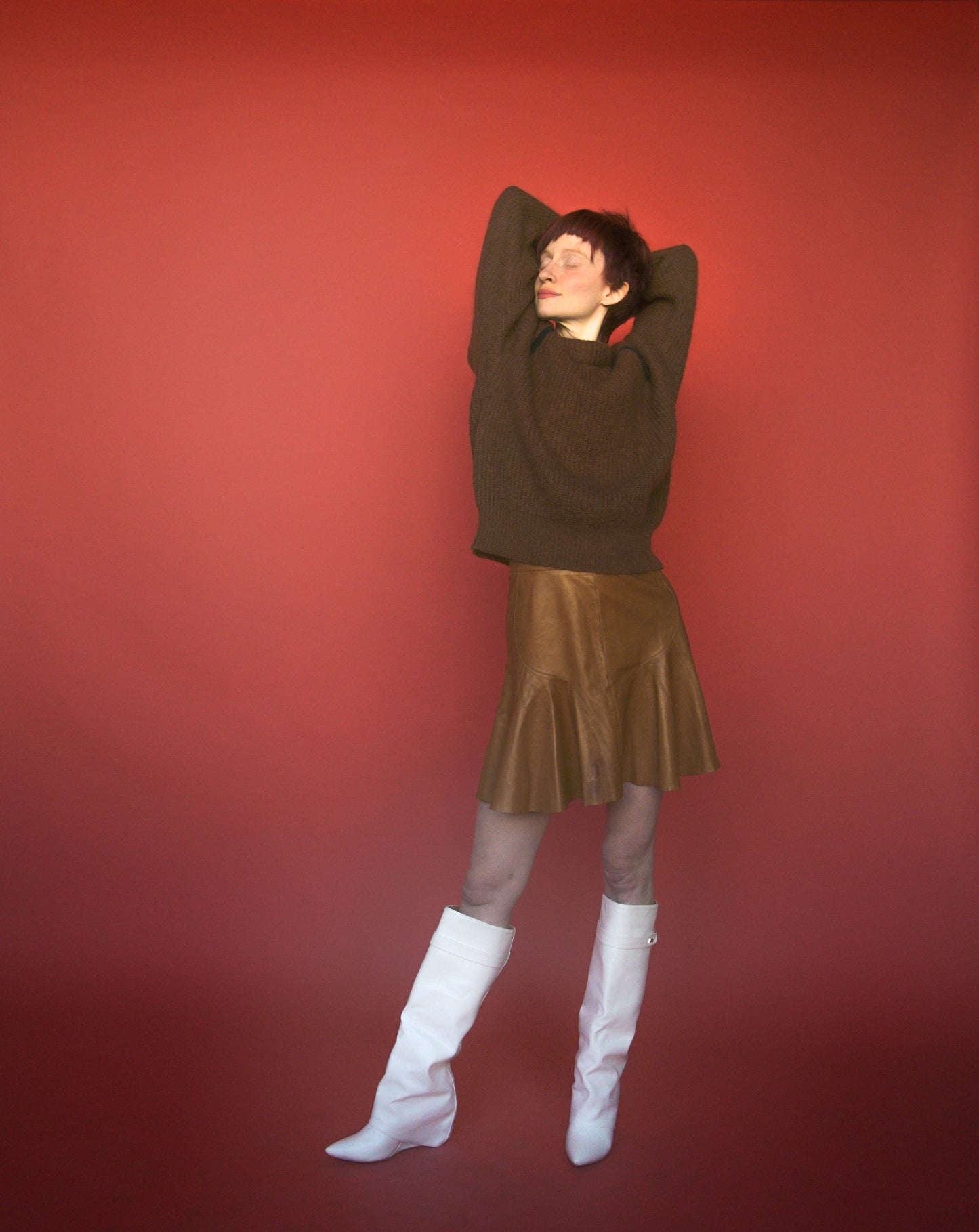 alaia brown leather skater skirt