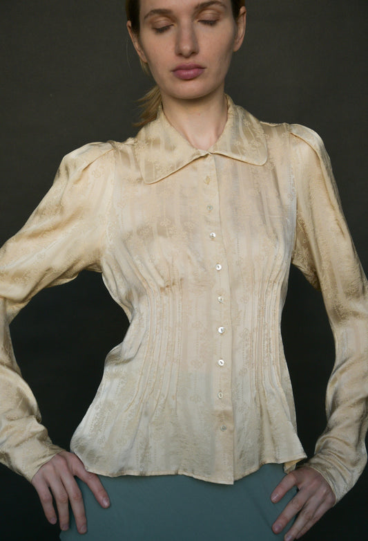 galliano silk nipped mutton sleeve blouse