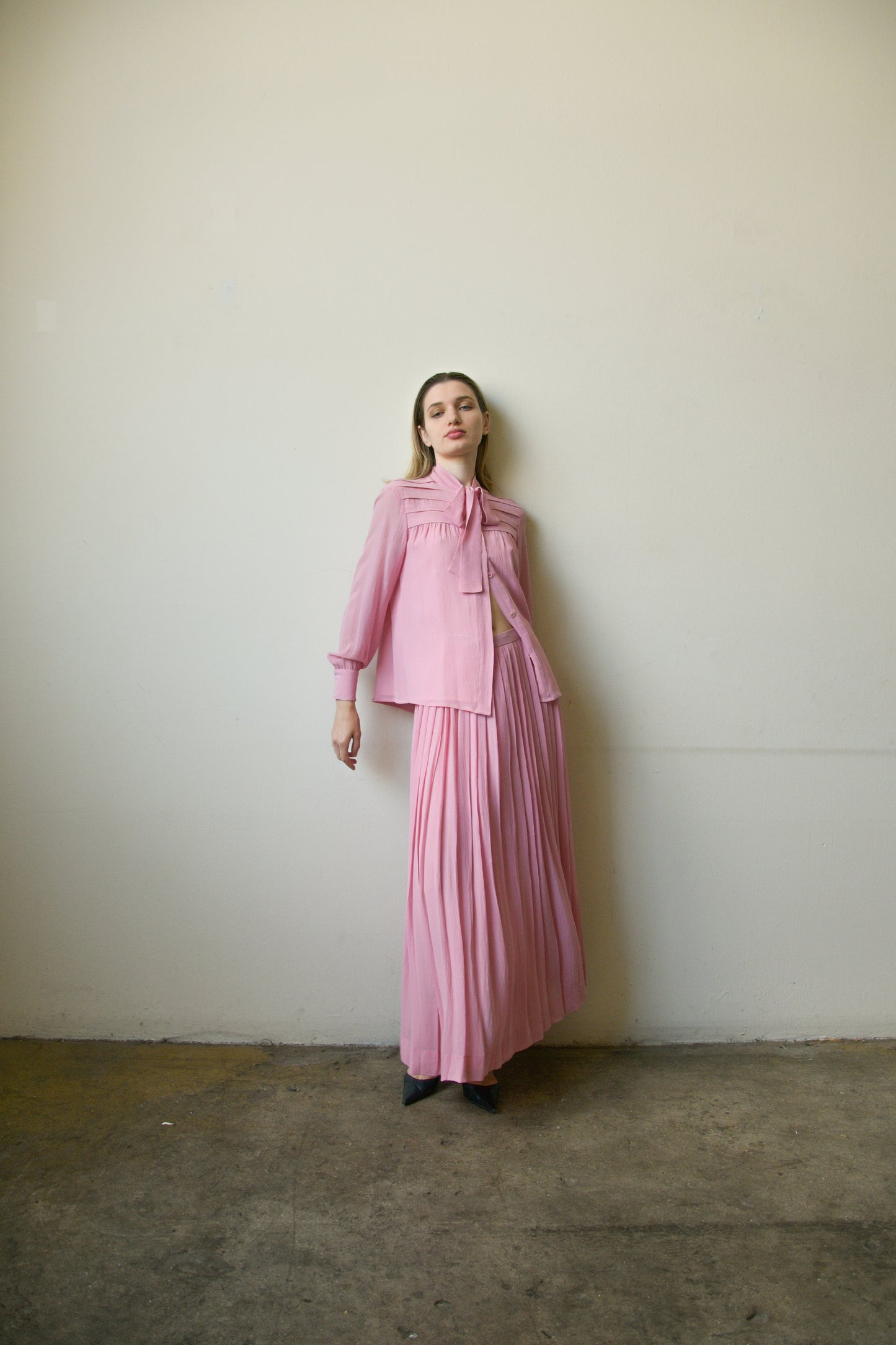 1970s celine pink silk skirt ensemble