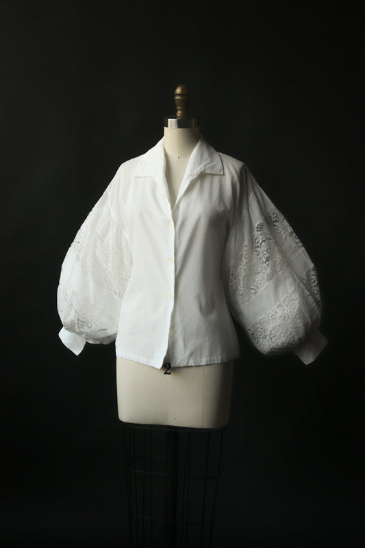 1960s lanvin white cotton lace balloon sleeve blouse