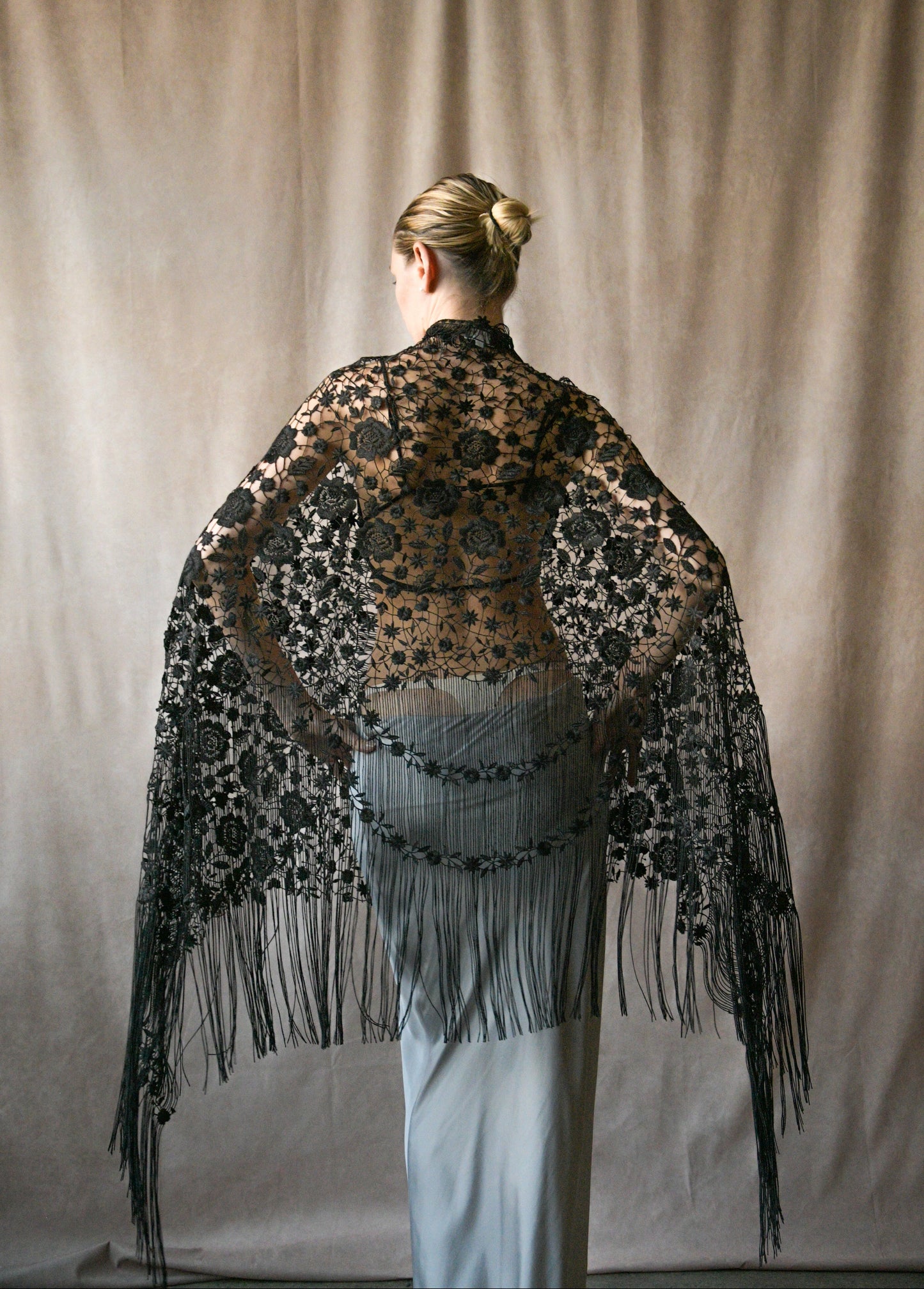 giorgio armani black lace fringe shawl