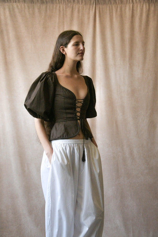 yves saint laurent spring 1977 cotton puff sleeve corset top