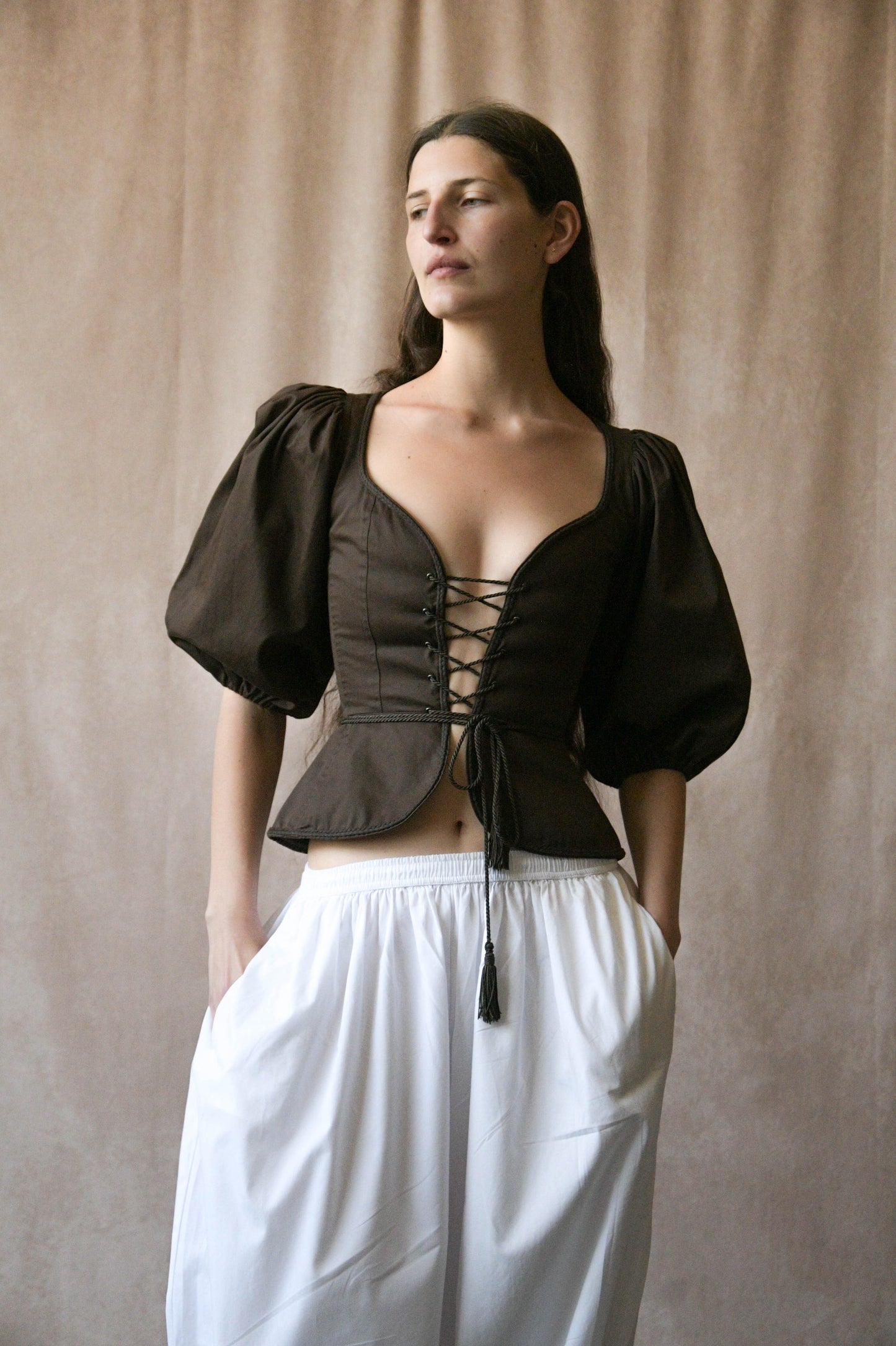 yves saint laurent spring 1977 cotton puff sleeve corset top