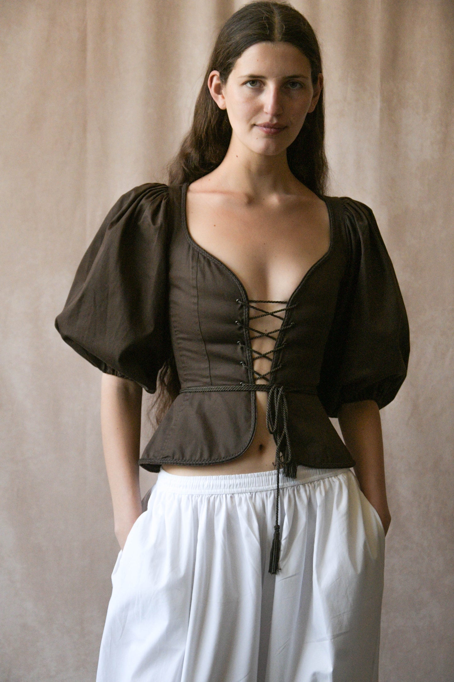 yves saint laurent spring 1977 cotton puff sleeve corset top