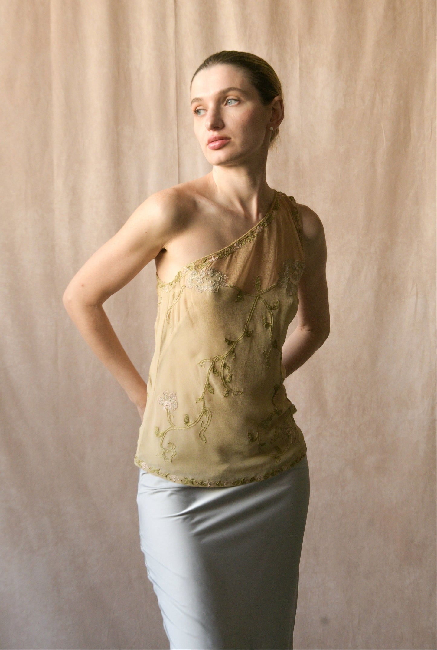 alberta ferretti floral vine embroidered silk top