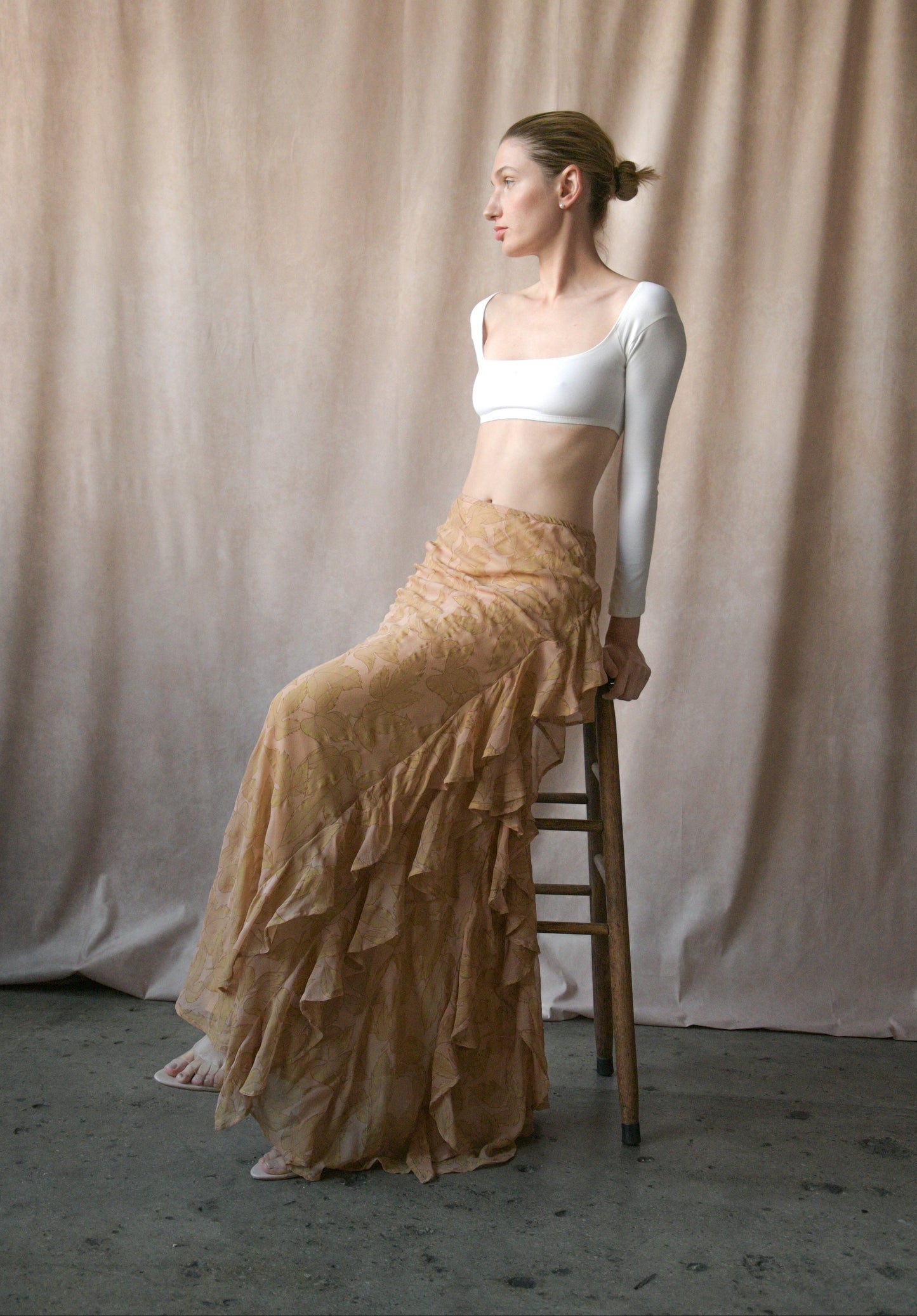 dries van noten fw 1998 silk leaf print ruffle skirt