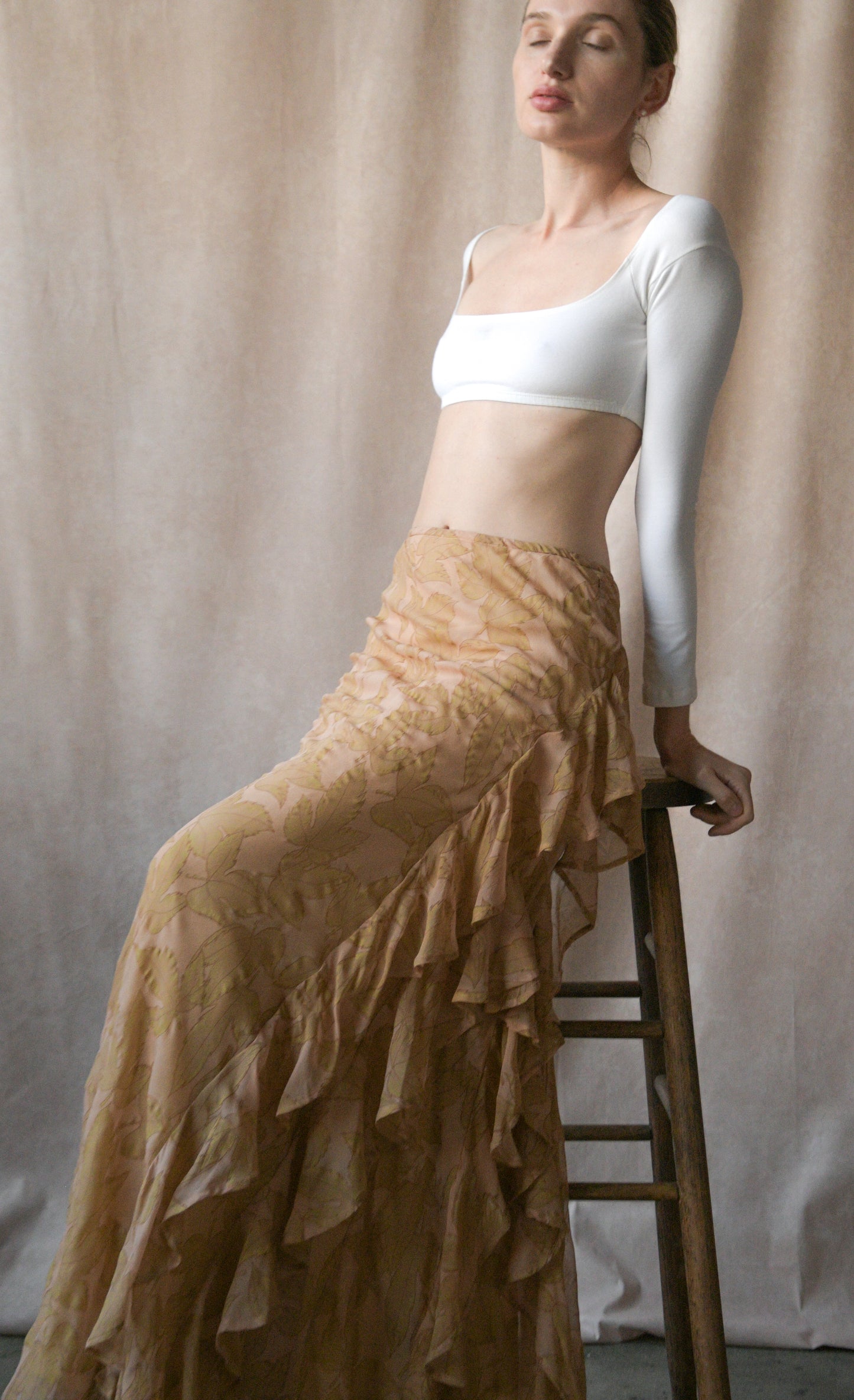 dries van noten fw 1998 silk leaf print ruffle skirt