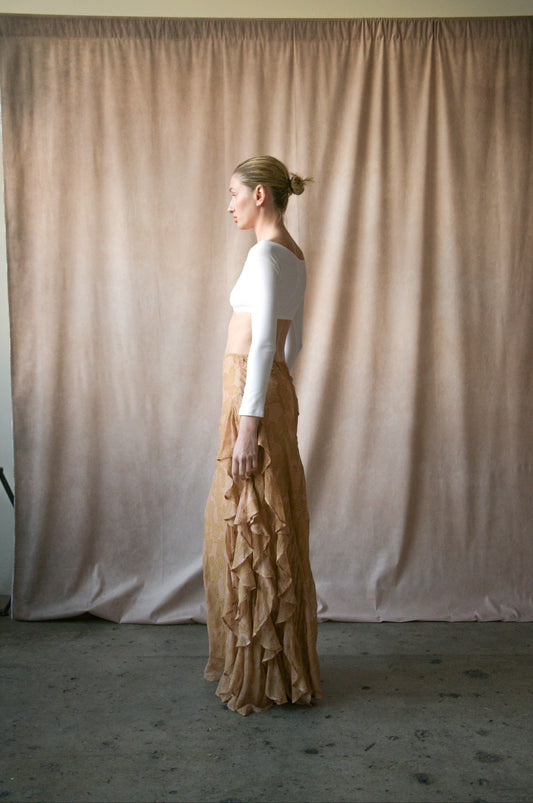 dries van noten fw 1998 silk leaf print ruffle skirt