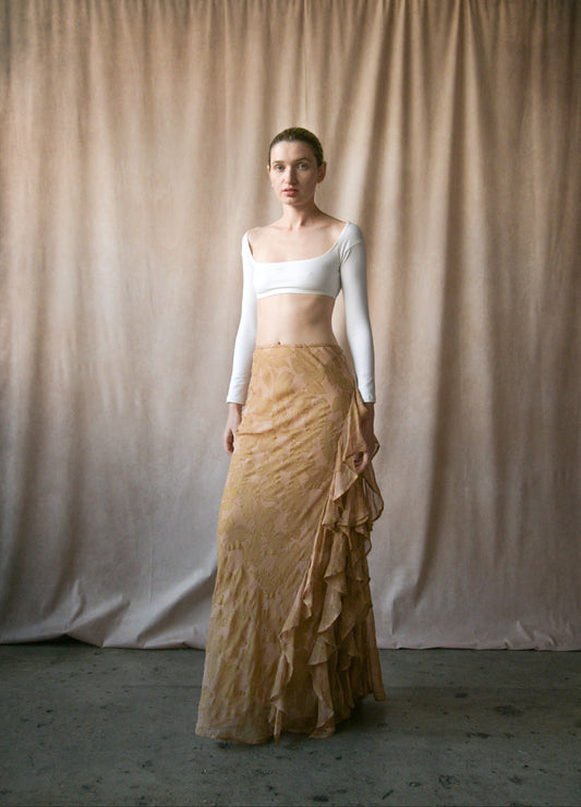 dries van noten fw 1998 silk leaf print ruffle skirt