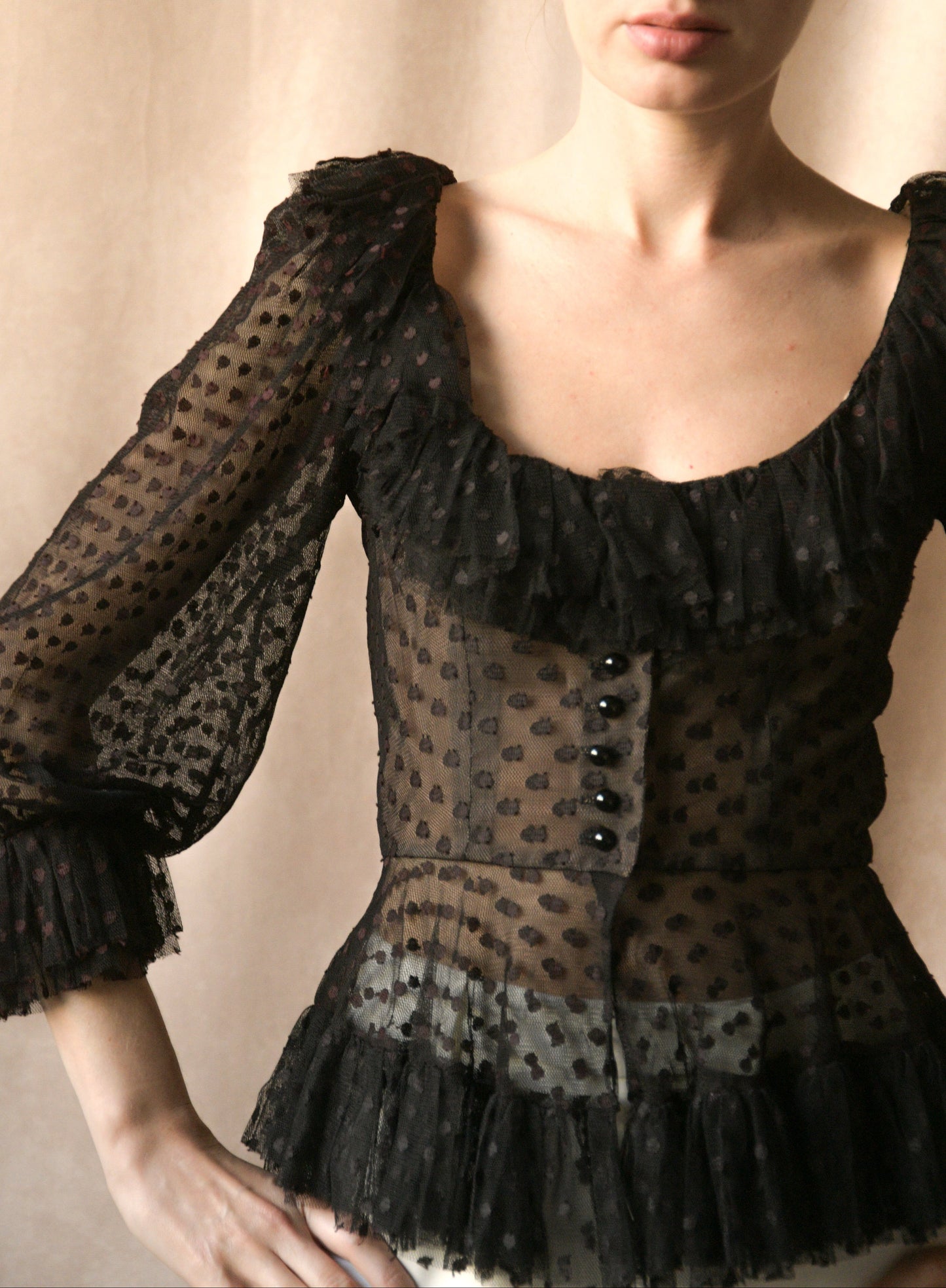 1970s oscar de la renta tulle ruffle peplum top