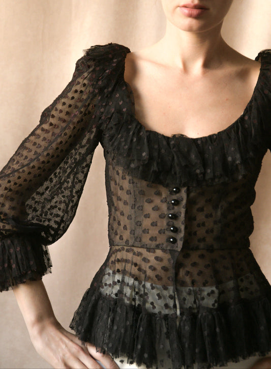 1970s oscar de la renta tulle ruffle peplum top