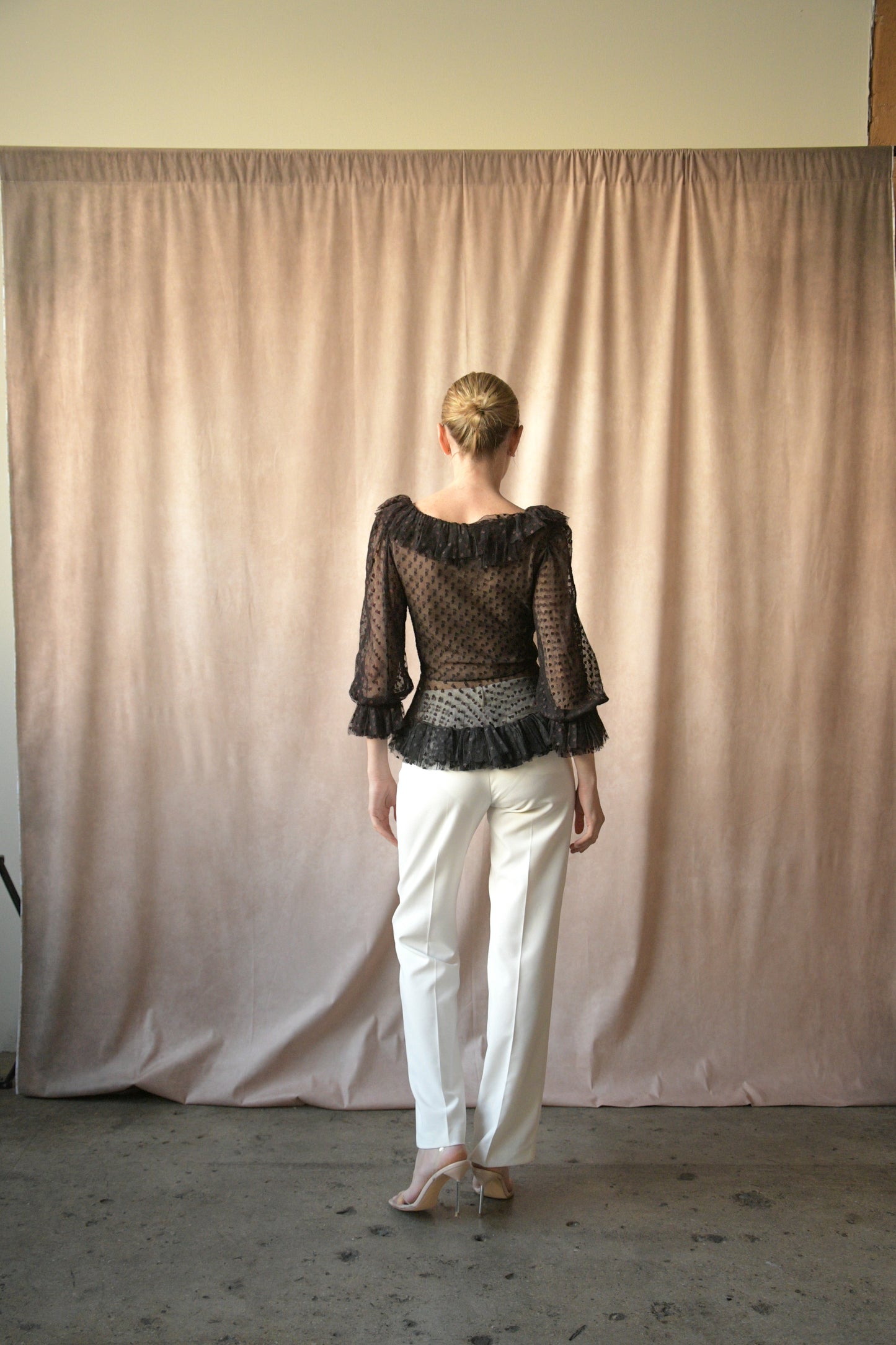 1970s oscar de la renta tulle ruffle peplum top