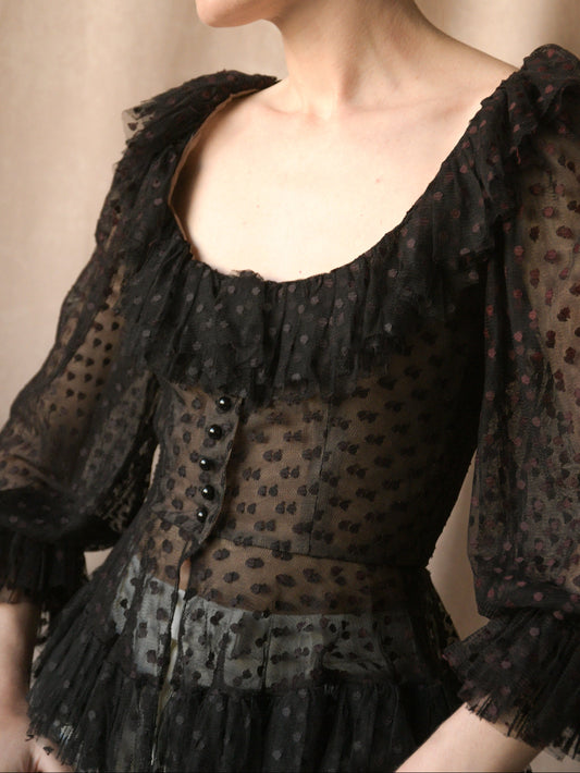 1970s oscar de la renta tulle ruffle peplum top