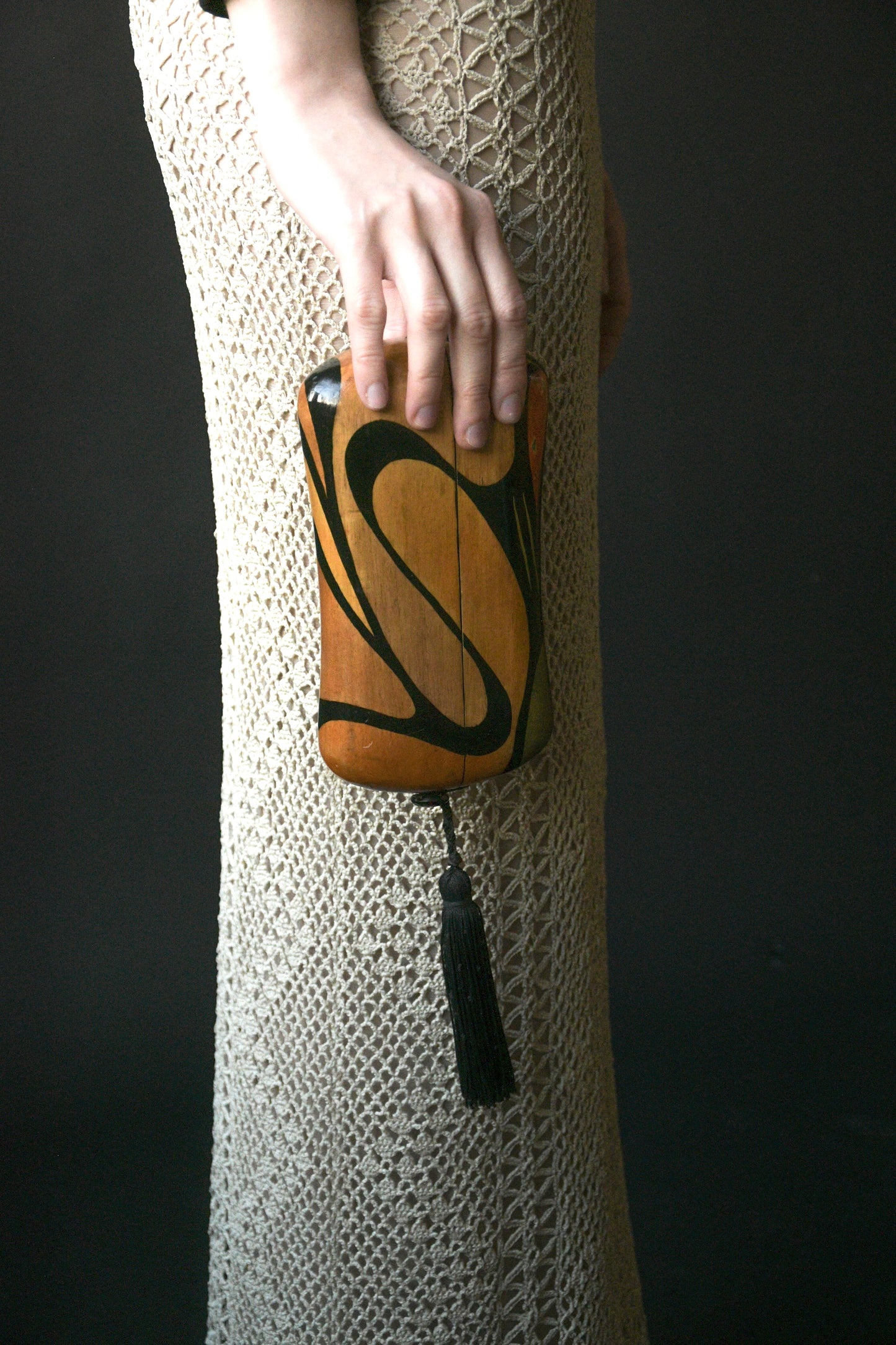 wooden painted minaudiere tassel clutch