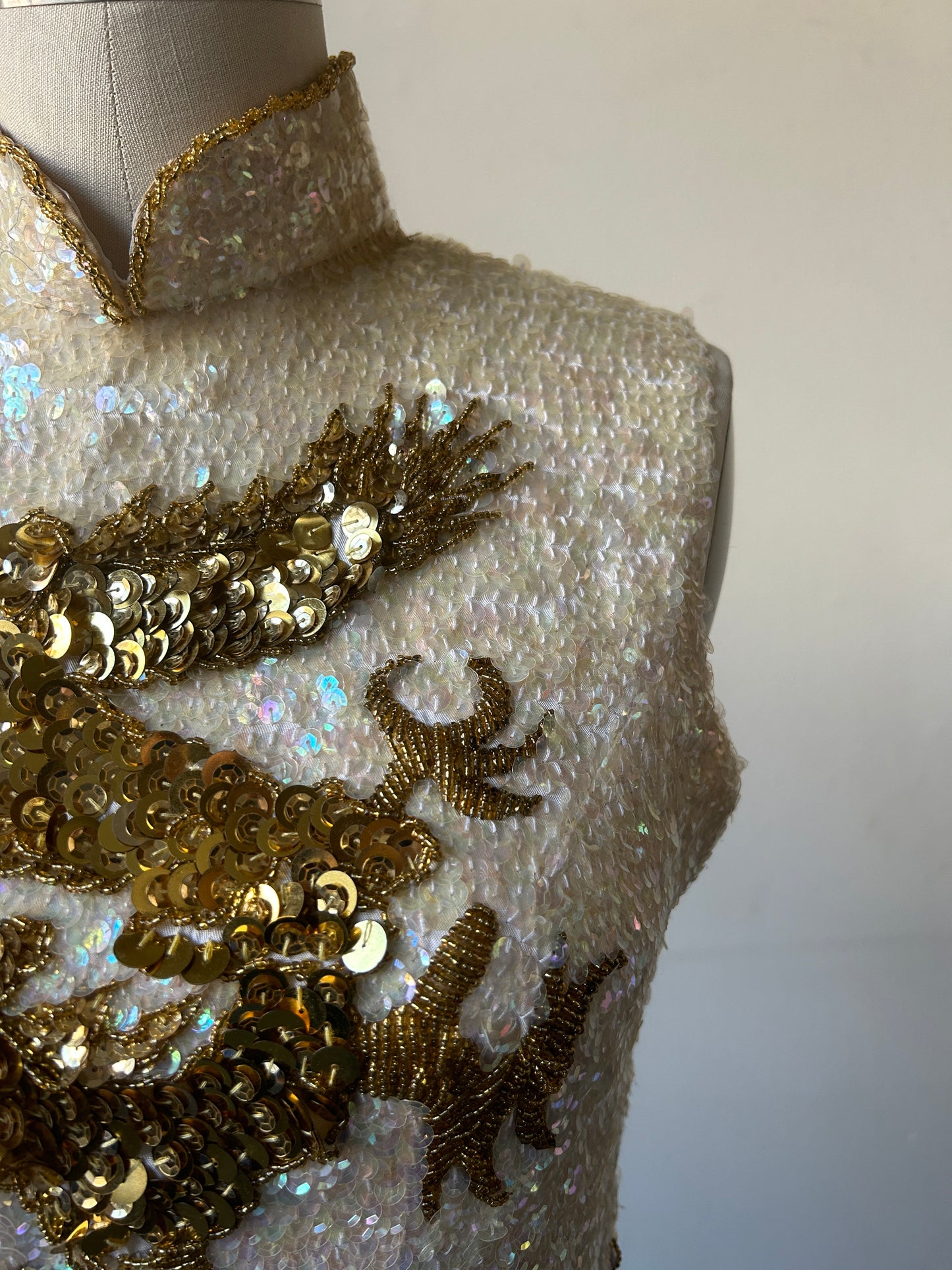 1960s sequin bead gold dragon phoenix qipao cheongsam dress