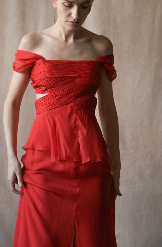 valentino ss 2007 red silk plisse halter dress with train