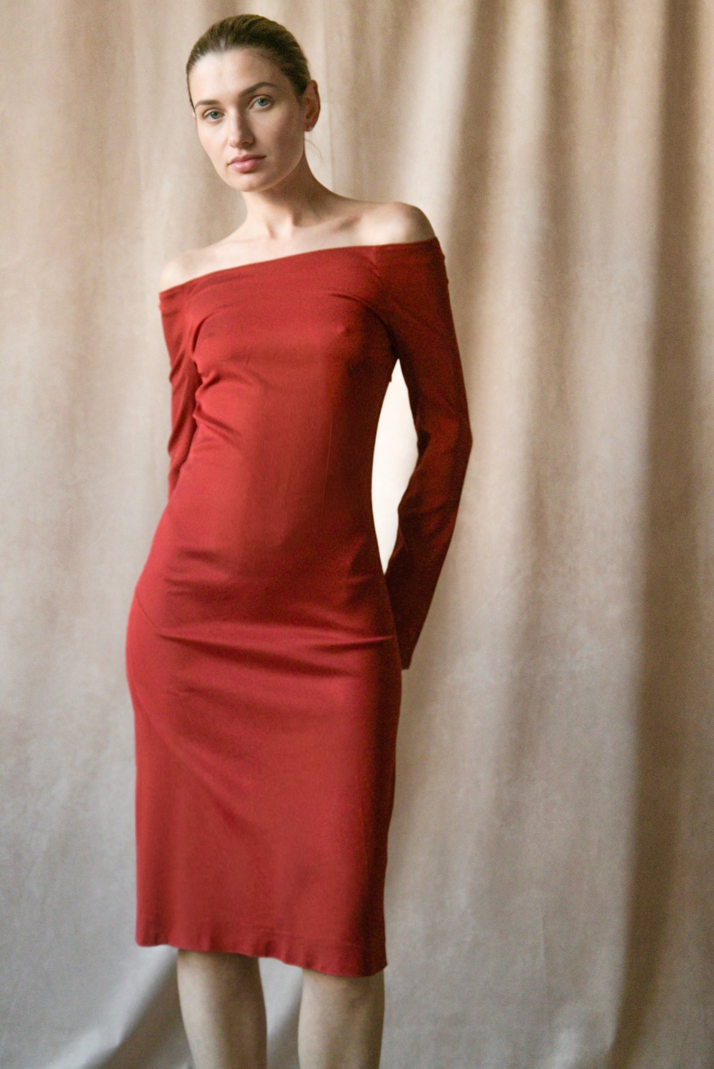 romeo gigli resort 1986 burgundy red off shoulder midi dress