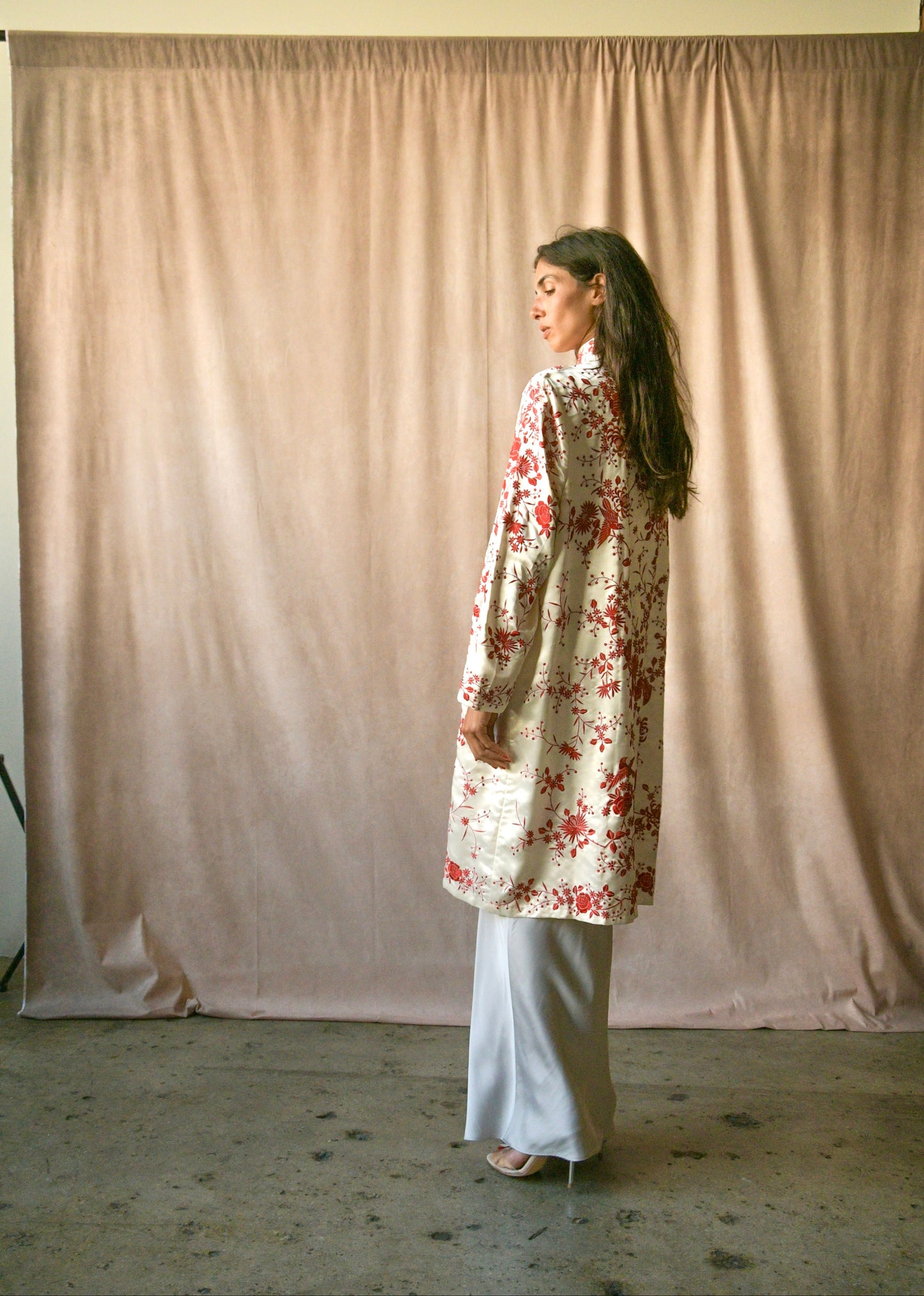 antique floral and bird embroidered silk chinoiserie coat