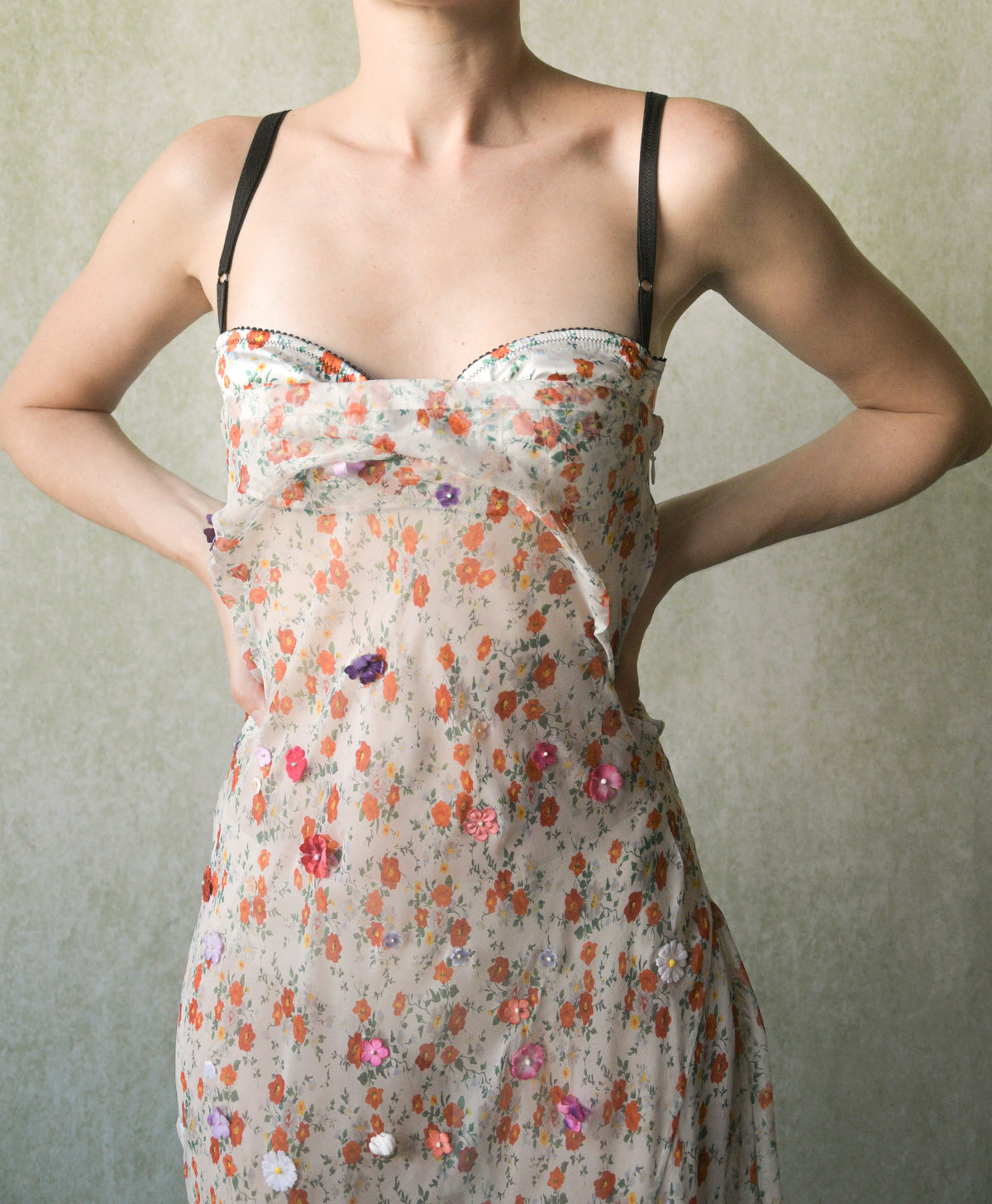 dolce gabbana 1999 sheer silk floral rosette dress