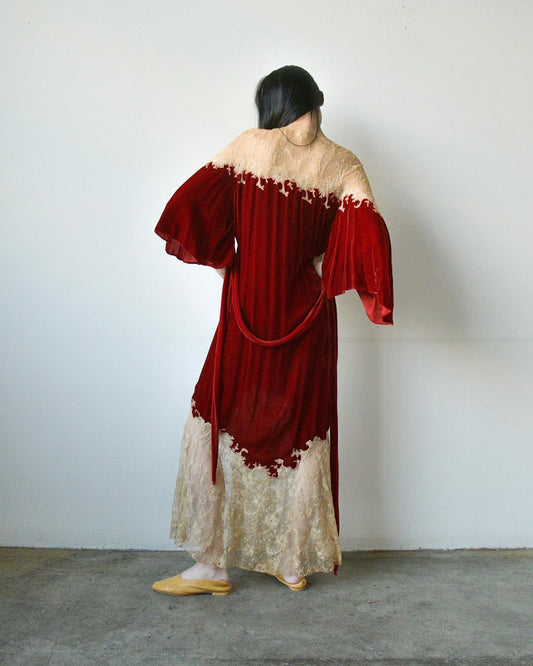 1930s crimson devore tambour lace dress