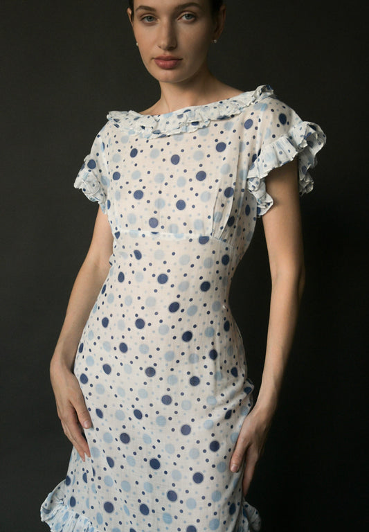 1930s white cotton polka dot mermaid dress