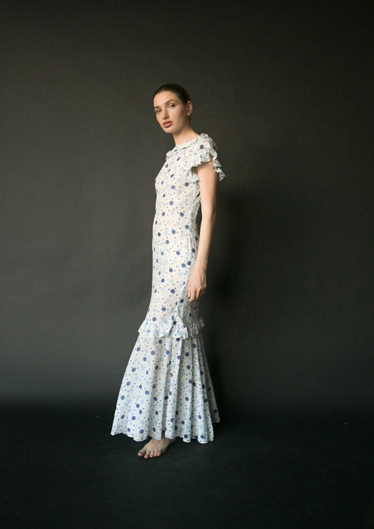 1930s white cotton polka dot mermaid dress