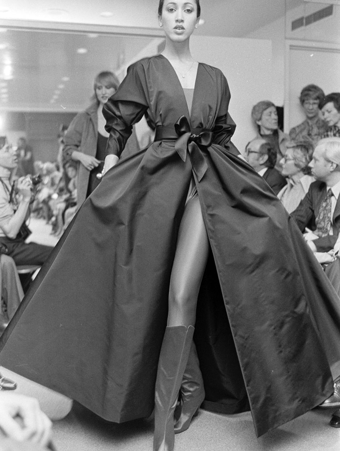 1977 halston black taffeta dot wrap gown
