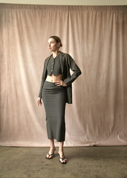 custom cropped three piece skirt suit (romeo gigli)