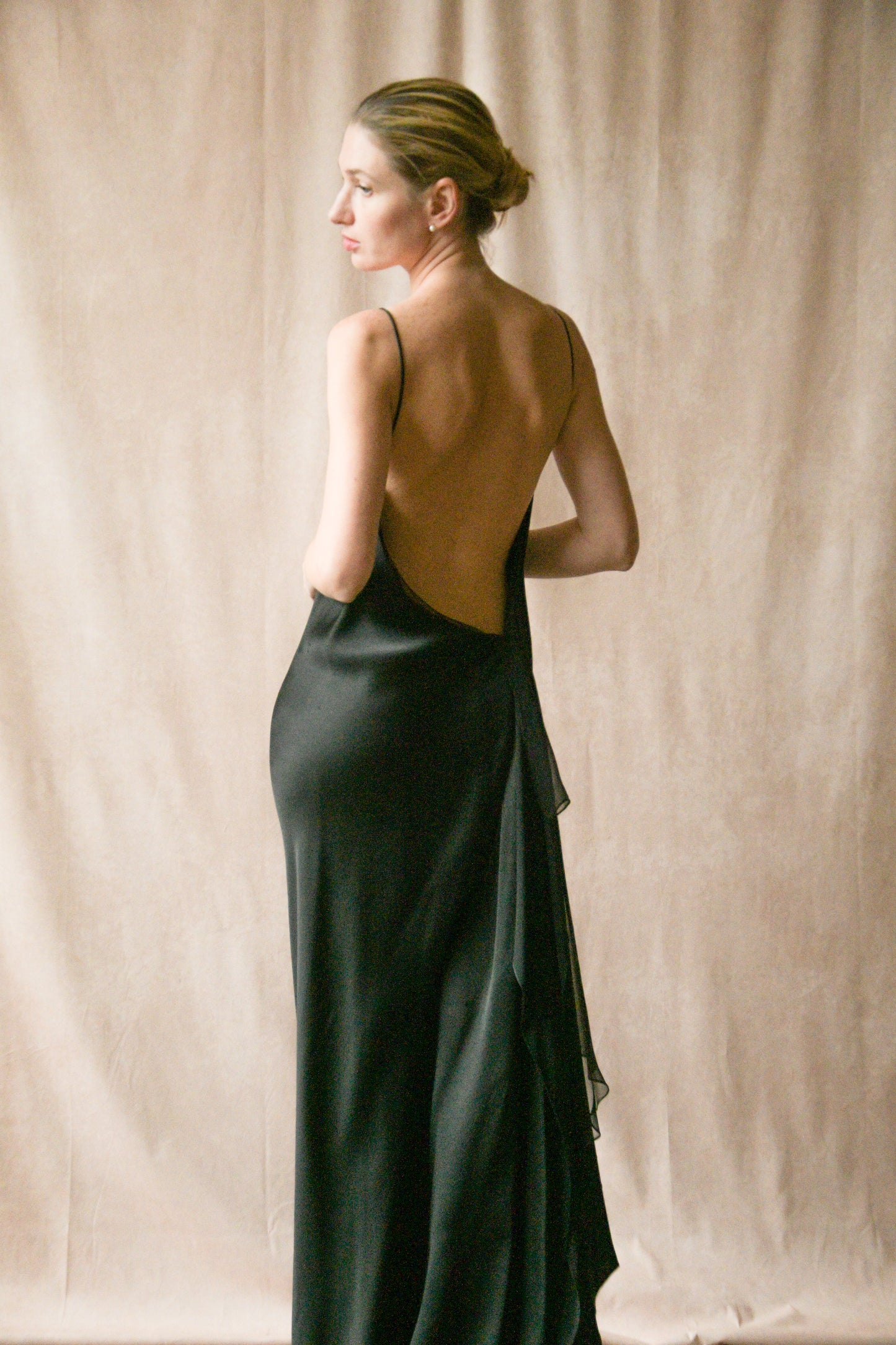 donna karan 1990s black liquid satin open back dress