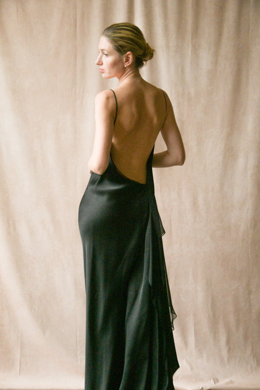 donna karan 1990s black liquid satin open back dress