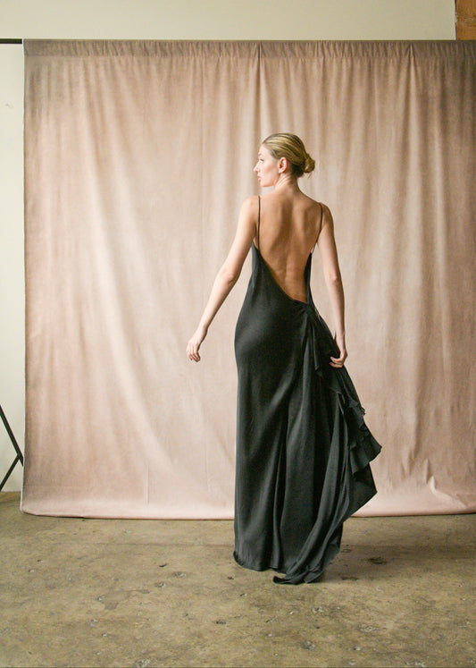 donna karan 1990s black liquid satin open back dress