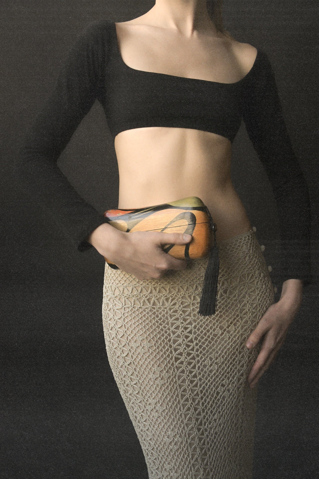 wooden painted minaudiere tassel clutch