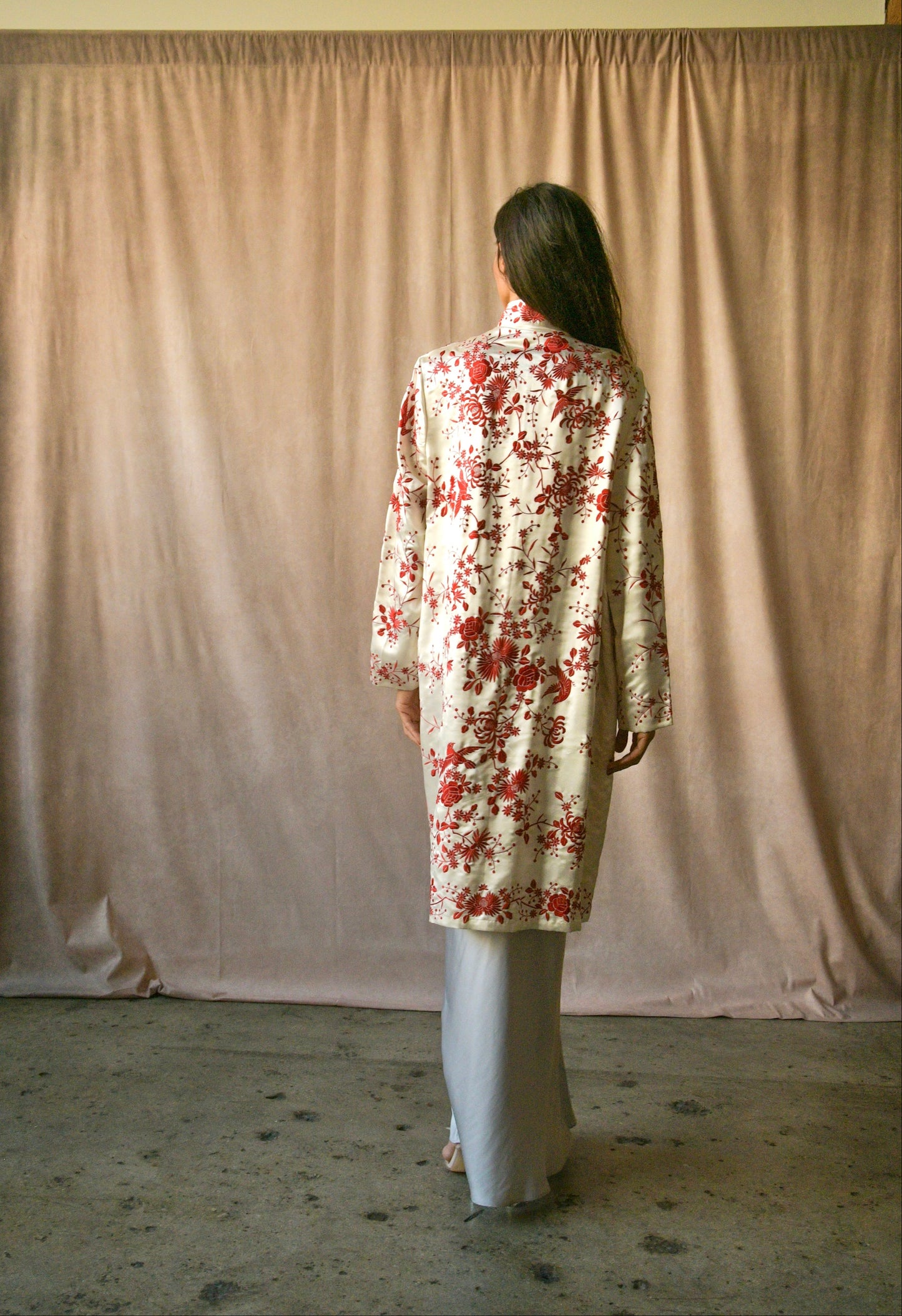 antique floral and bird embroidered silk chinoiserie coat