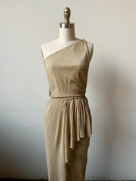 1979 halston couture gold lamé one shoulder grecian dress