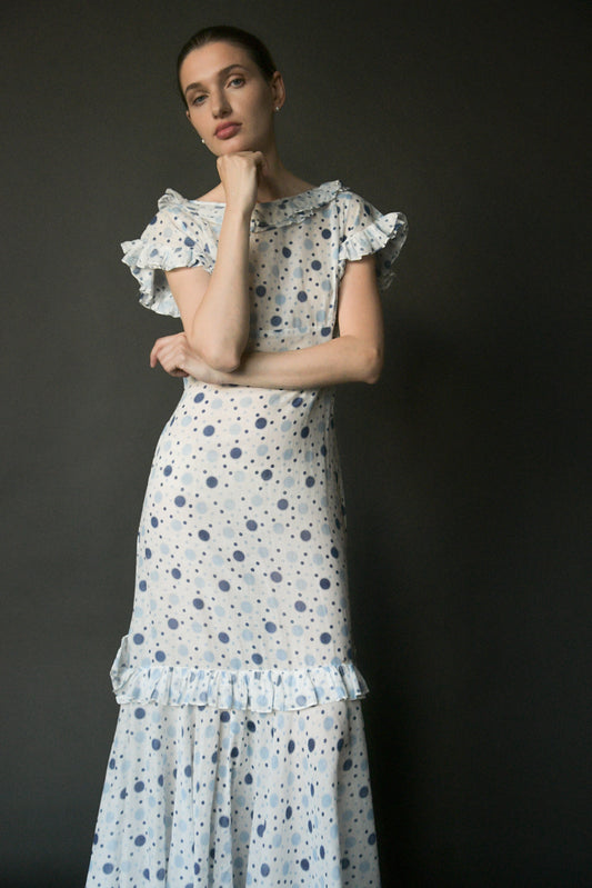 1930s white cotton polka dot mermaid dress
