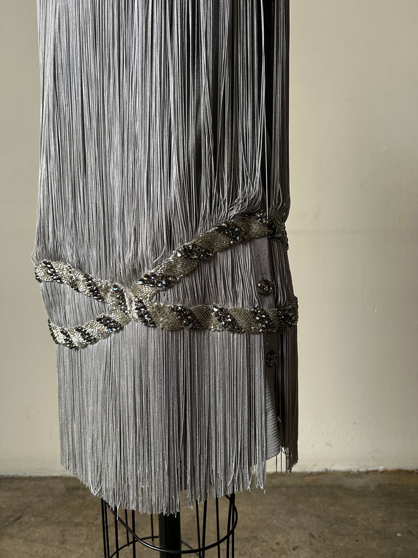 azzaro grey fringe rhinestone mini dress