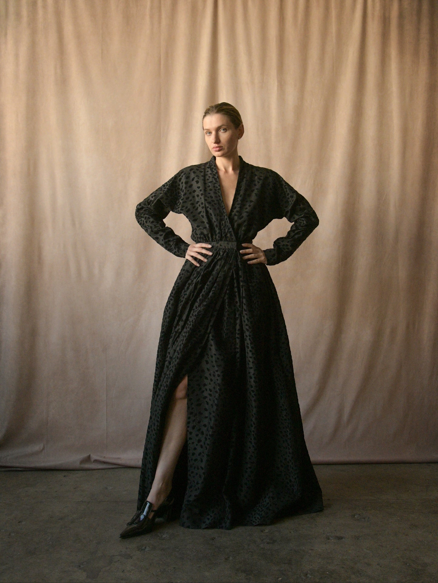 1977 halston black taffeta dot wrap gown