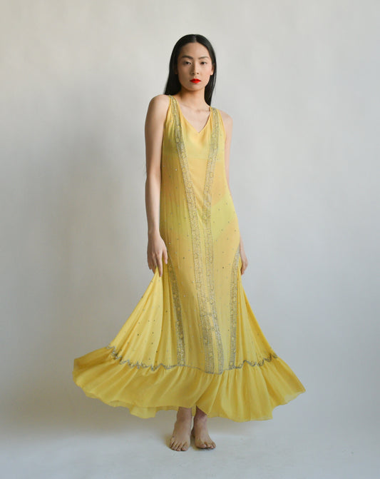 1920s yellow silk rhinestone dress