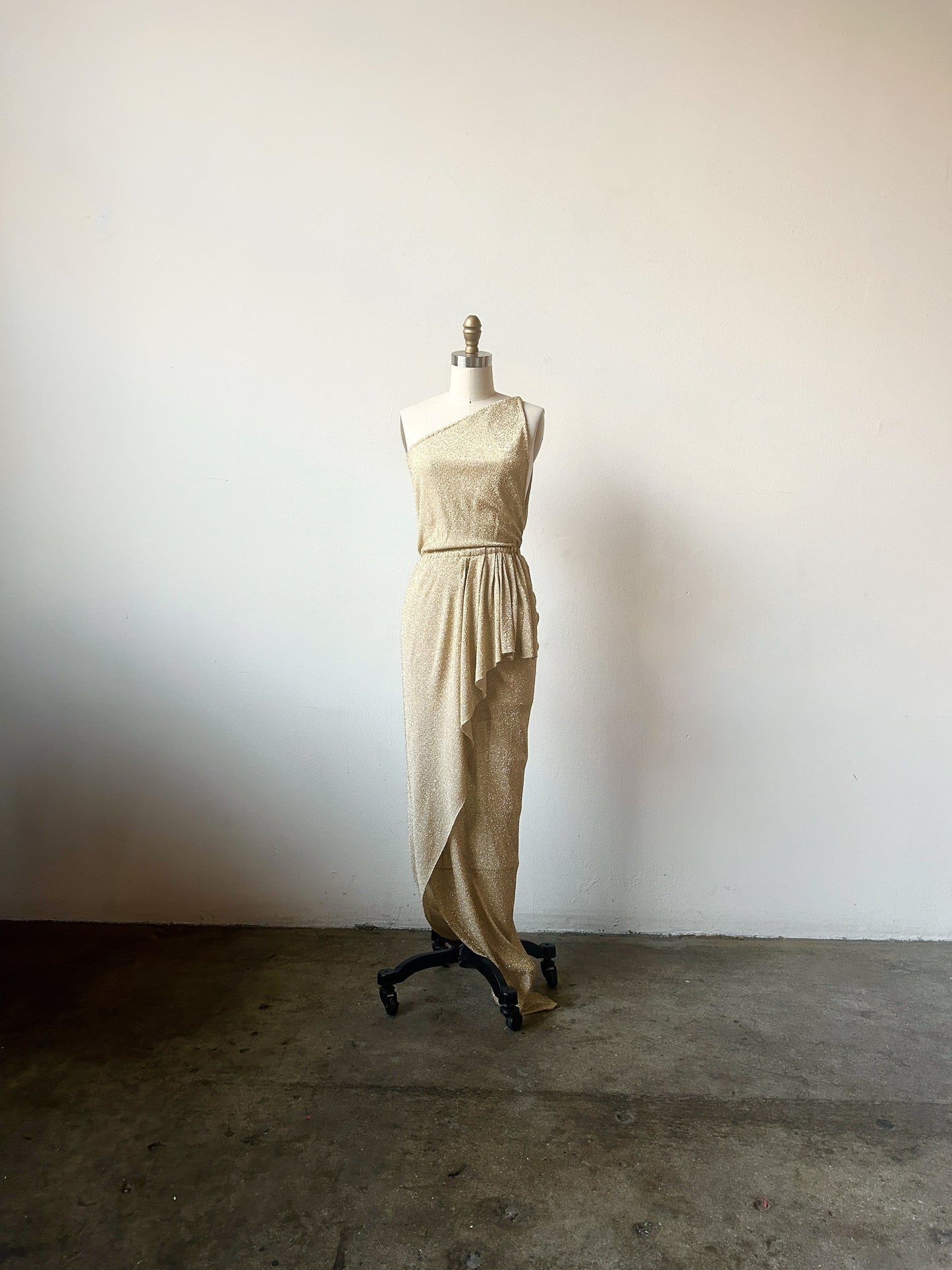 1979 halston couture gold lamé one shoulder grecian dress