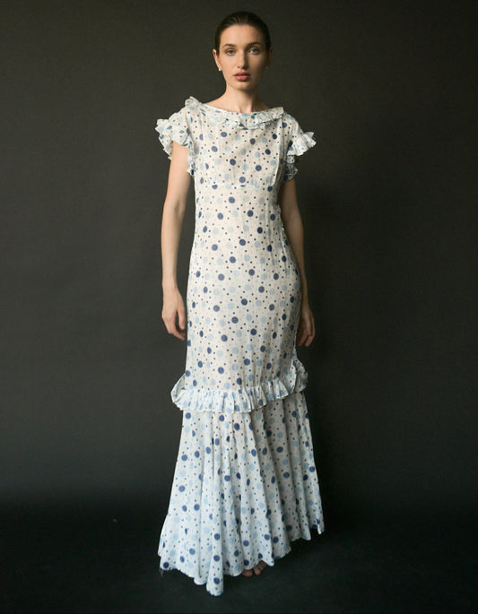 1930s white cotton polka dot mermaid dress