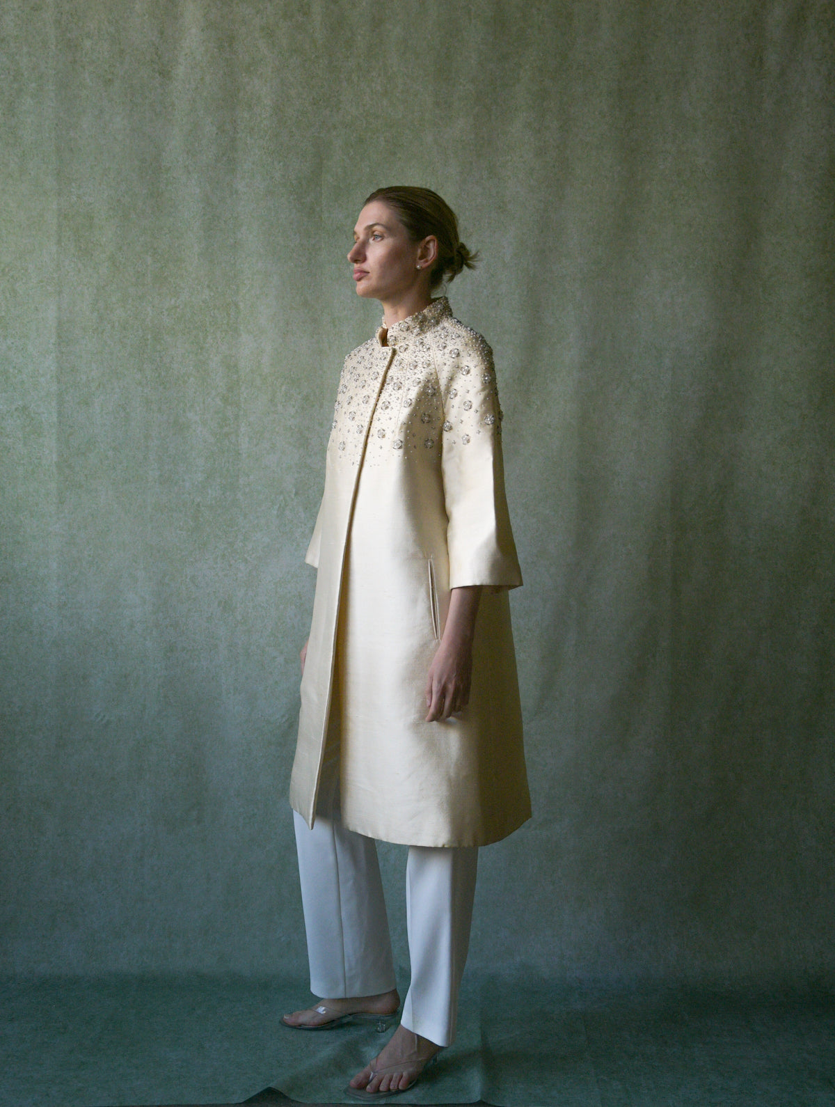 1960s silk shantung deco beaded opera coat