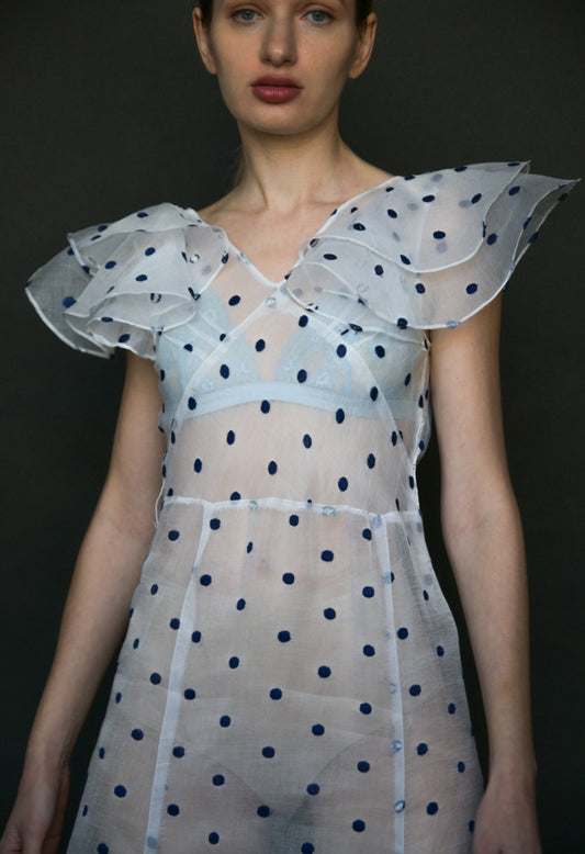 1930s white organdy embroidered dot ruffle dress