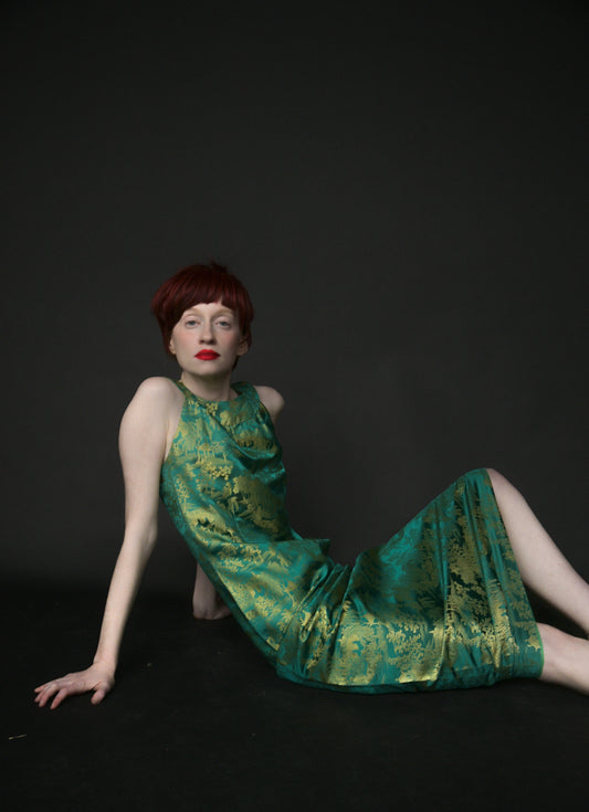 1960s green satin chinoiserie dress
