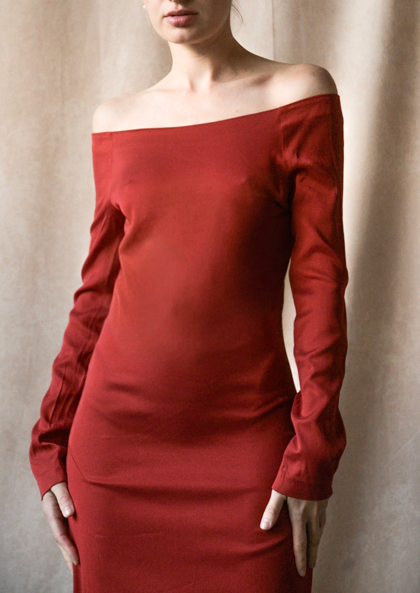 romeo gigli resort 1986 burgundy red off shoulder midi dress