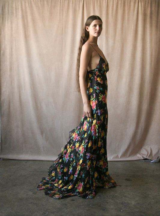 roberto cavalli spring 2000 floral silk bias cut high slit dress