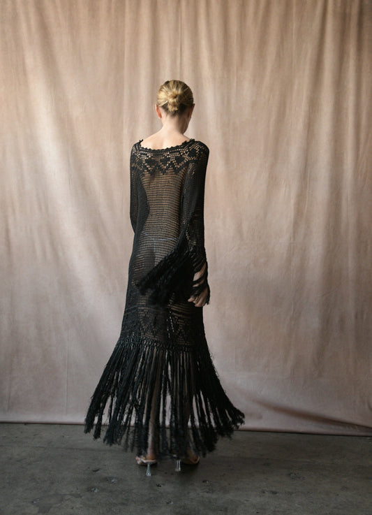 stylist hold - antique 1920s black crochet lace fringe dress