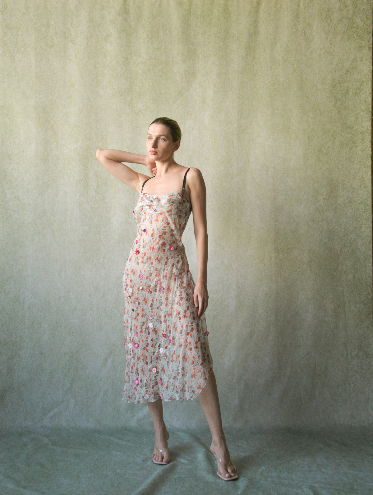 dolce gabbana 1999 sheer silk floral rosette dress