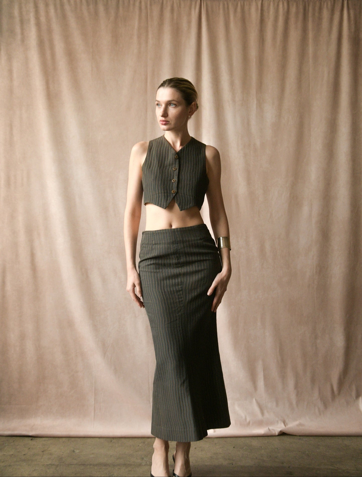 custom cropped three piece skirt suit (romeo gigli)