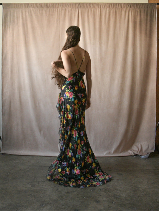 roberto cavalli spring 2000 floral silk bias cut high slit dress